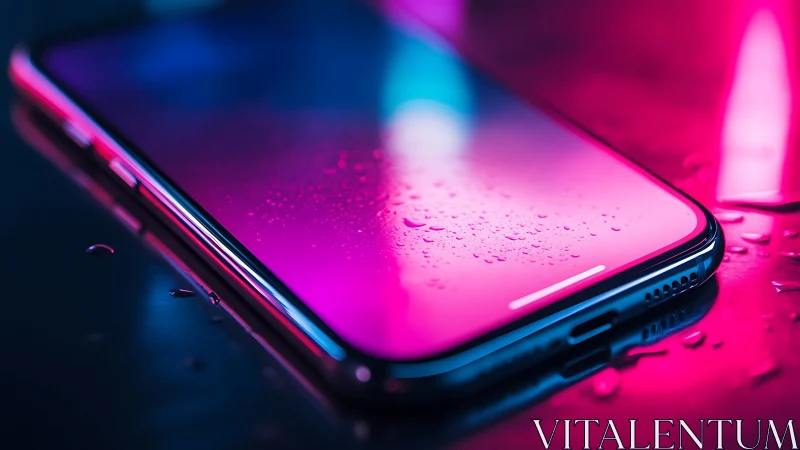 Smartphone lies on wet surface under neon pink blue light