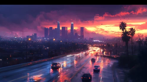 Rain-soaked city freeway under neon sunset sky glow.