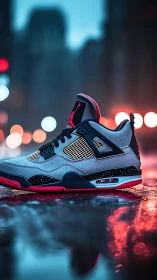 Neon-lit sneaker rests on wet street with vivid city bokeh