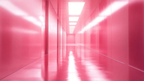Monochrome pink reflective corridor with recessed ceiling lights