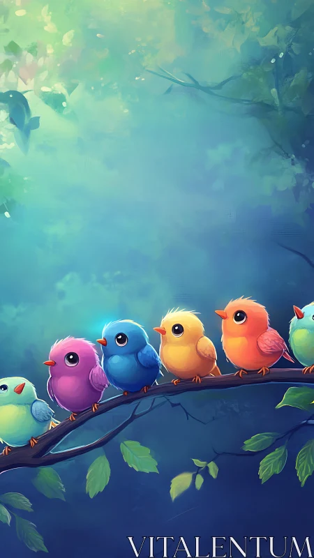 Chromatic Perch: Digital Illustration of Five Birds on Branch.