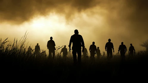 Silhouetted human figures walking through tall grass at dusk.