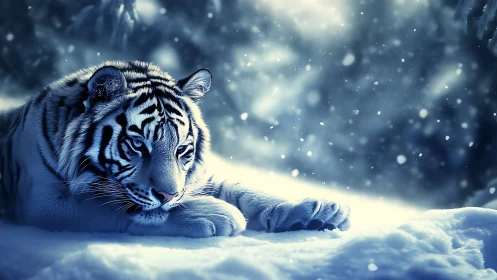 Snowy twilight tiger resting in a quiet winter dreamscape.