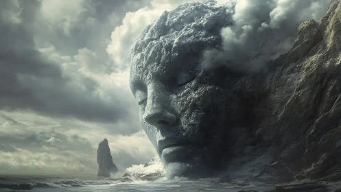 Colossal stone face merges with stormy coastal cliff