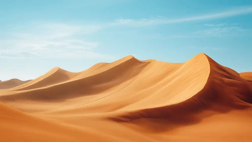 Golden desert dunes under clear blue midday sky.
