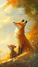 Two stylized foxes sit on a sunlit hillside in autumn light