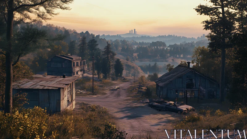 Quiet backroad sunrise over worn shacks and soft hills.