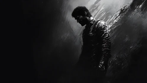 Solitary warrior in shadowy grayscale stormscape profile.
