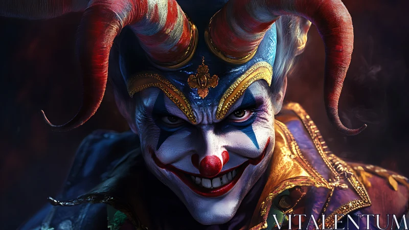 Sinister horned jester portrait under dramatic rim lighting