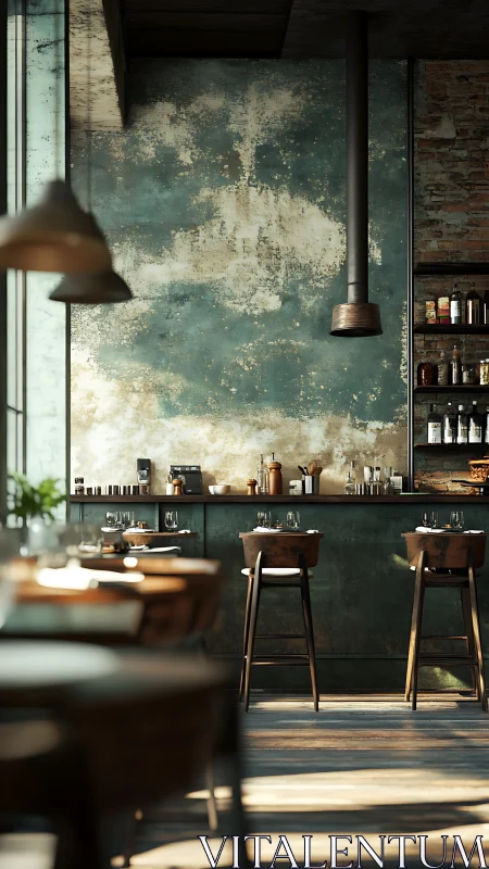 Industrial cafe interior with textured patina wall and warm daylight