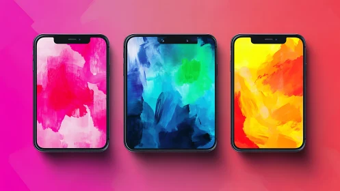 Three bezel-edged smartphones display abstract color gradients