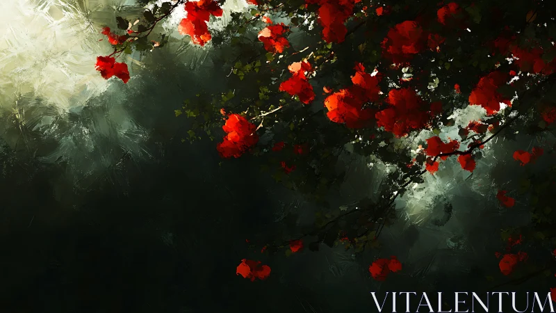 Crimson blossoms drifting through deep forest hush.