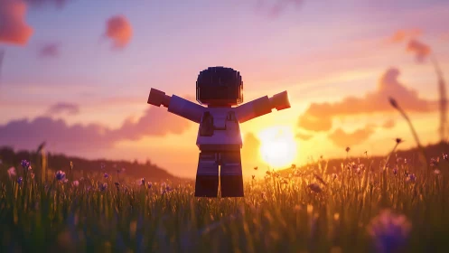 Blocky child silhouette embraces glowing sunset horizon.