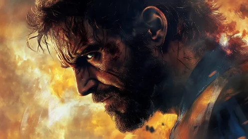 Battle-scarred warrior profile against blazing firestorm.