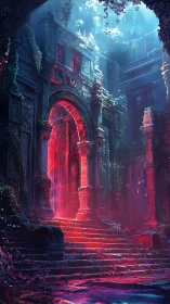 Luminous overgrown ruin with neon portal-lit stone archway.