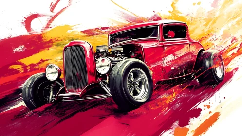 Red hot rod coupe rendered in dynamic paint-splash style