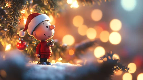 Cartoon Christmas figure standing by lit tree bokeh scene.