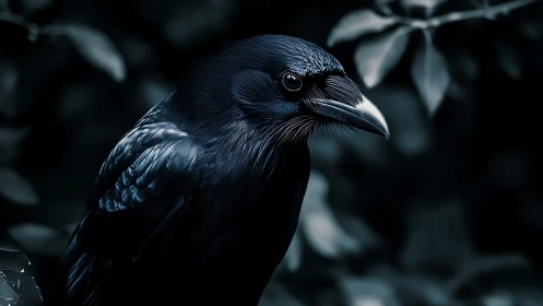 A striking black crow gazes with wisdom and quiet intensity