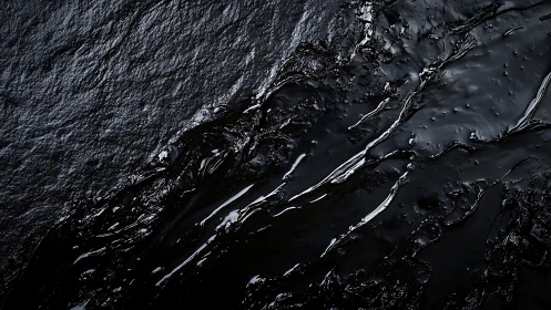 Viscous black liquid spreading across rough dark stone surface