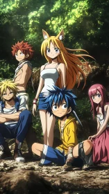 Anime adventuring party posed in sunlit forest with dynamic shading