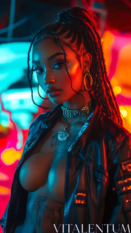 Cyberpunk portrait uses neon rim lighting and glossy skin shading