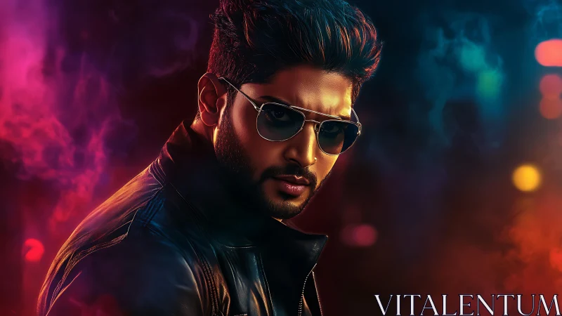 Moody neon portrait of a man in shades and leather jacket.