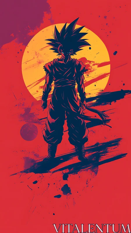 Bold anime warrior silhouette against textured sun backdrop.