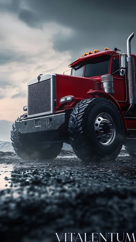 Red off-road semi truck dominates wet rugged landscape