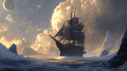 Majestic galleon sails through luminous icy cosmic storm.