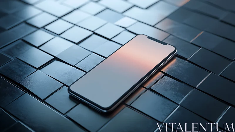 Sleek smartphone adrift on glimmering metallic tile sea.