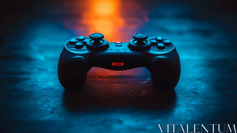 Gaming Nexus: Blue-Lit Controller Throne Glows Against Molten Backdrop.