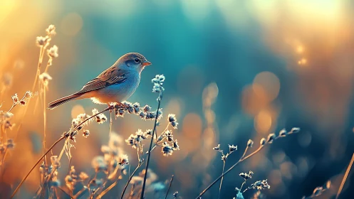 Small bird perched on wildflowers at sunrise, dreamy bokeh style.