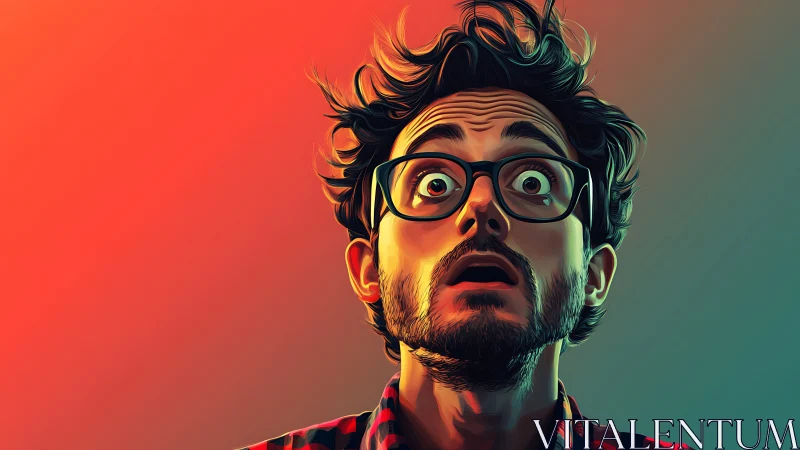 Hyperreal digital portrait of shocked man in dual-tone lighting