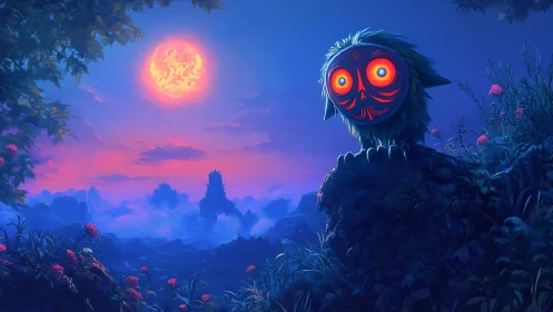 Masked forest creature under glowing neon twilight sun.