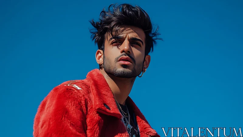 Crimson street-style rebel framed against electric blue sky.