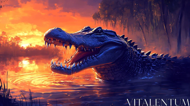 Sunset swamp predator with jaws open over glowing water.