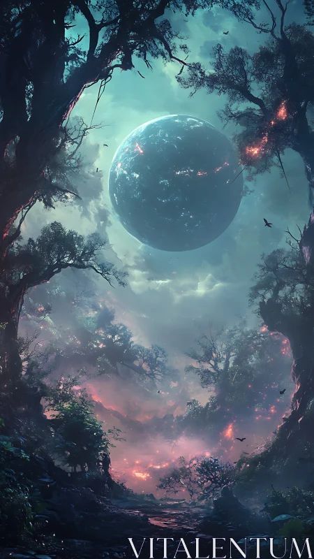 Luminescent exoplanet above bioluminescent fractal forest.