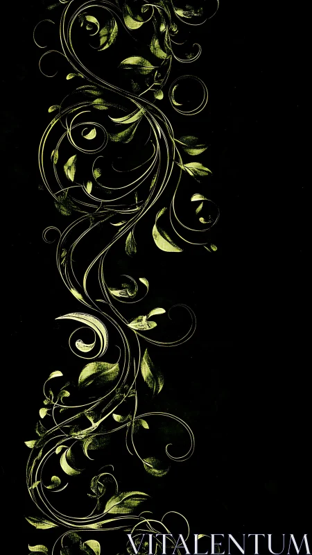 Glowing green vine curls drifting through midnight black.