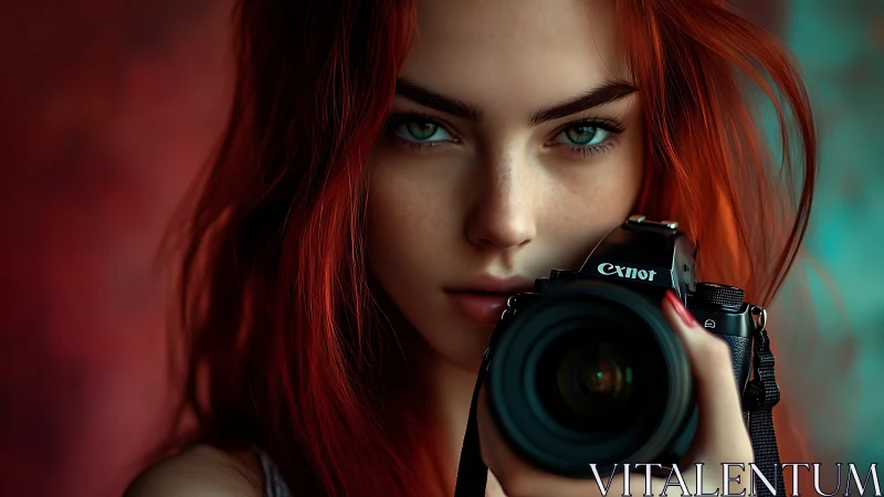 Red haired photographer with DSLR in shallow depth of field.