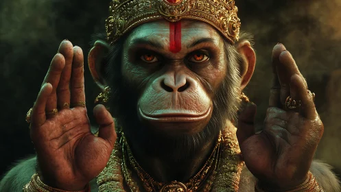 Regal monkey guardian shimmering with calm golden grace.