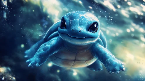 Blue cartoon sea turtle swims underwater toward camera