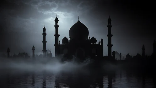 Moonlit domed mosque silhouette rising through misty waters.