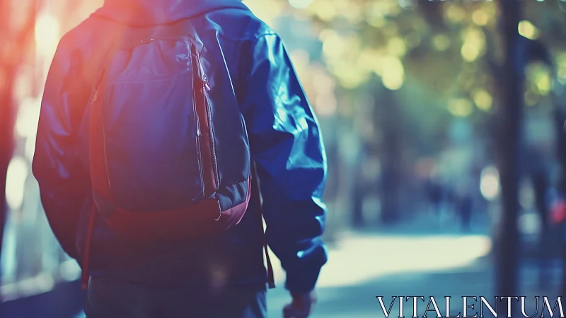 Person with backpack walking along sunlit city street.