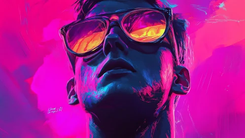 Neon-lit portrait reflects blazing sunset through lenses.