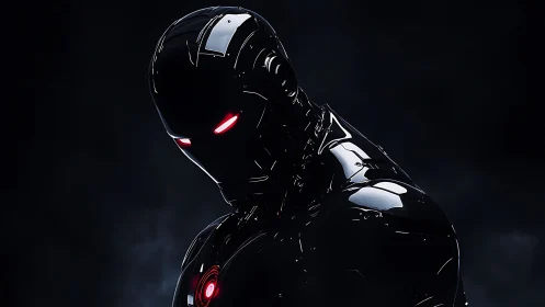 Black armored humanoid robot with red illuminated eyes.