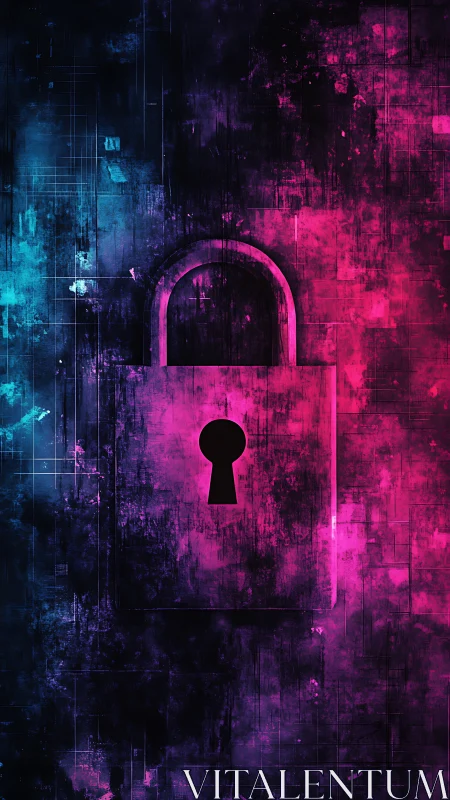 Cyber lock icon over grunge neon blue and pink background.