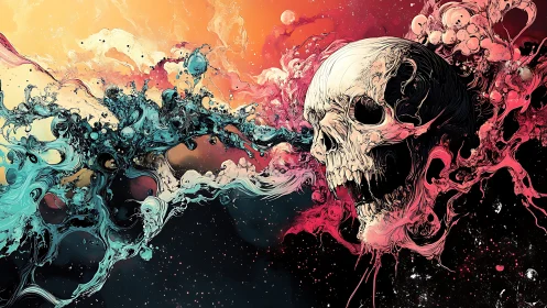 Skull dissolves into neon fluid cosmic abstraction.