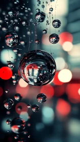 Glistening glass spheres drift softly through blurred city lights