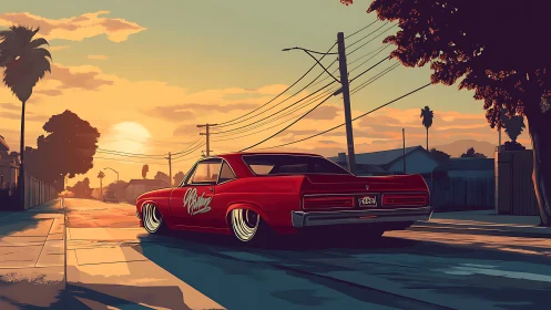 Red lowrider car on quiet suburban street at sunset.
