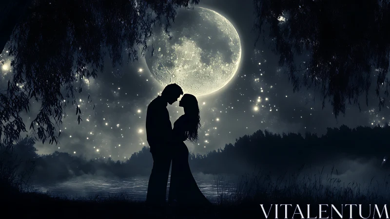 Moonlit Embrace by Water: Romantic Silhouette Under Stars